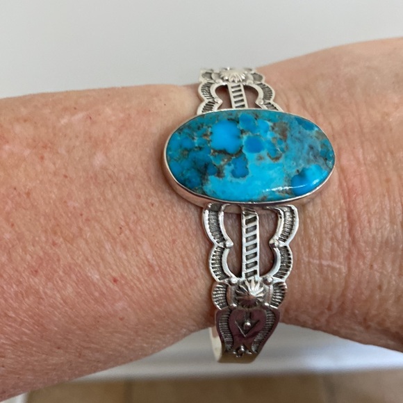 Southwestern Oval Turquoise Sterling Silver Cuff Bracelet - Picture 2 of 3